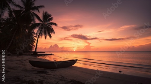 Tropical sunset with canoe in silhouette AI
