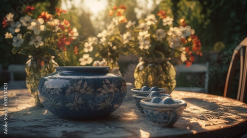 Wallpaper Mural Decent jars on wooden table in a beautiful garden Torontodigital.ca