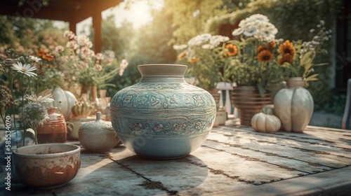 Wallpaper Mural Decent jars on wooden table in a beautiful garden Torontodigital.ca