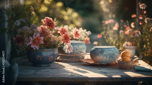 Wallpaper Mural Decent jars on wooden table in a beautiful garden Torontodigital.ca