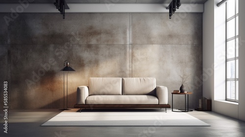 Industrial style living room interior background, with concrete wall, minimal designed sofa next to a french window