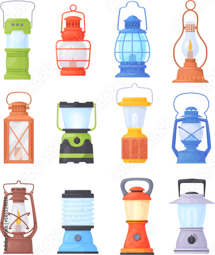 Cartoon camp lanterns. Garden lantern candles, kerosene lamp for camping travelling, vintage old lamps on gas or oil retro ancient rustic night lighting, neat vector illustration