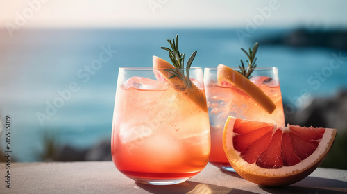Grapefruit summer cocktail on sea background, a perfect blend of sweetness and citrus, Generative AI