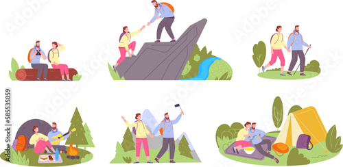Couple hiking. Young adventurers mountain climb trip, selfie on nature traveling forest or river outdoor camp, happy hikers lifestyle active travel, splendid vector illustration
