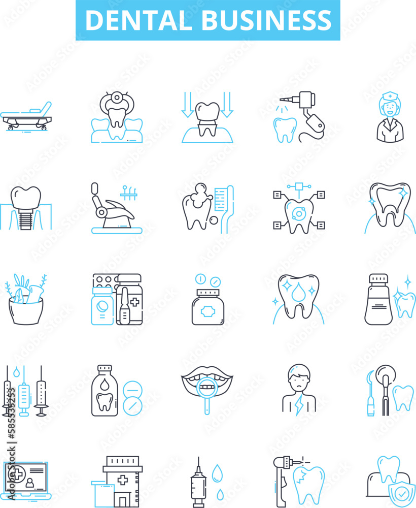 Dental business vector line icons set. Dentistry, Oral, Hygiene, Teeth, Orthodontics, Endodontics, Prosthodontics illustration outline concept symbols and signs Dental business vector line icons set. Dentistry, Oral, Hygiene, Teeth, Orthodontics, Endodontics, Prosthodontics illustration outline concept symbols and signs