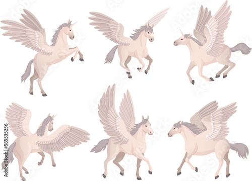 Flying pegasus. Cartoon mythical horse with wings, magical horses running poses animation, fairy unicorn animal fairytale creature steed in clouds, ingenious vector illustration © ssstocker