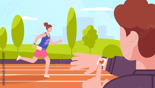 Runner coach. Running woman on stadium track, trainer checking run time in stopwatch, female athlete sprint or marathon, athletic exercise or workout training, vector illustration