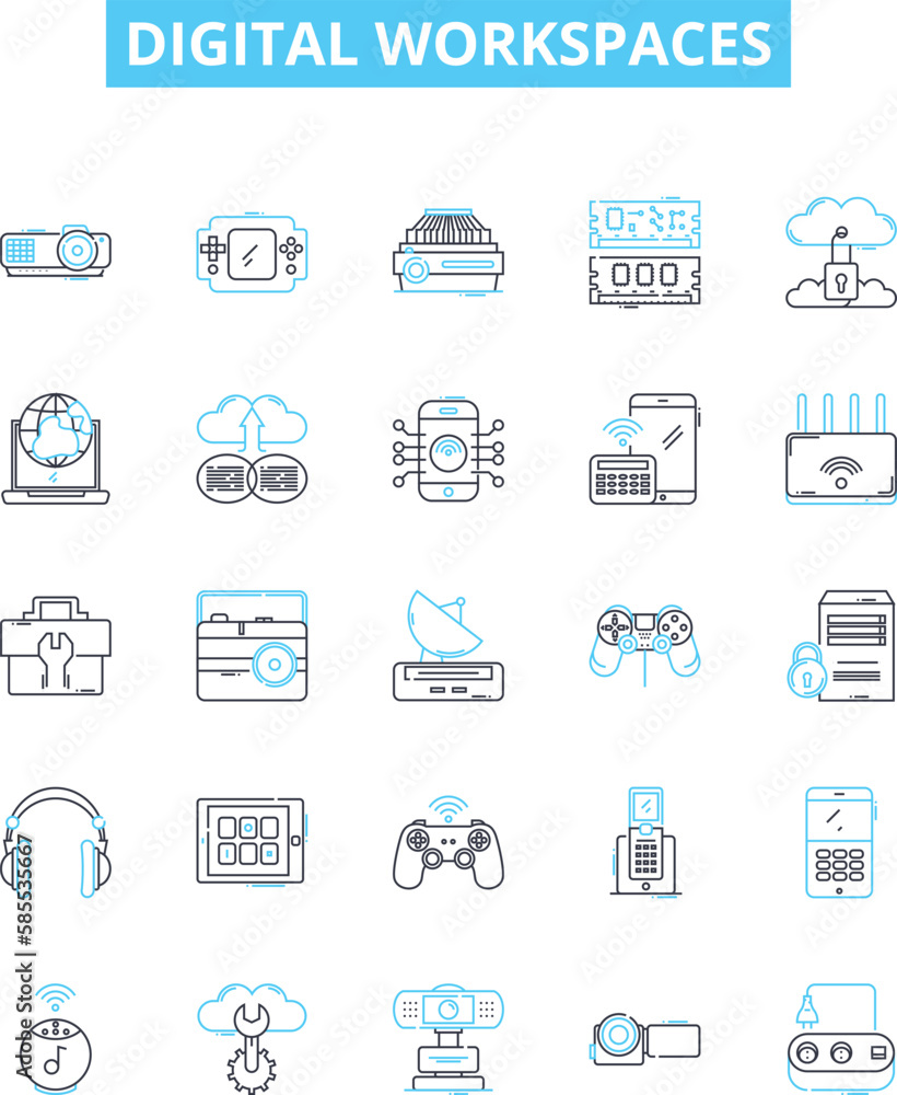 Digital workspaces vector line icons set. Digital, Workspaces, Virtual, Collaborative, Cloud, Office, Platform illustration outline concept symbols and signs Digital workspaces vector line icons set. Digital, Workspaces, Virtual, Collaborative, Cloud, Office, Platform illustration outline concept symbols and signs