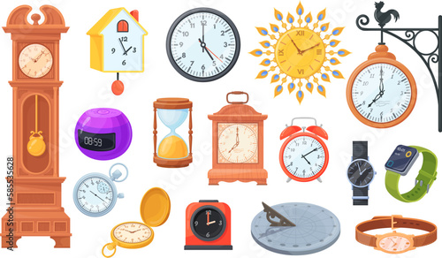 Mechanical and electronic clocks. Cartoon various clock, watch type evolution quartz wristwatch or old analog timepiece