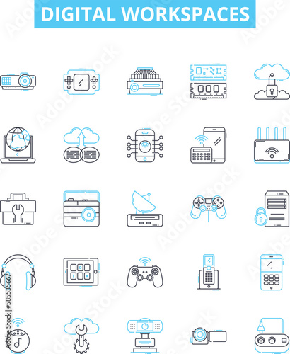 Digital workspaces vector line icons set. Digital, Workspaces, Virtual, Collaborative, Cloud, Office, Platform illustration outline concept symbols and signs