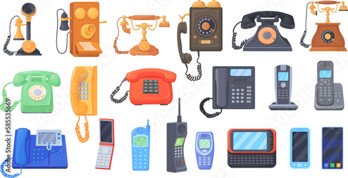 Vintage phones and smartphones. First telephone, old cellphone or modern smartphone set, call communication invention, retro mobile digital phone evolution neat vector illustration