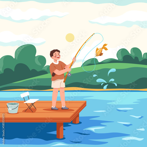 Kid fisherman. Children fishing in pond river pier, cute fishingboy catch little caught fish water stream cartoon child fisher reel rod summer landscape recent vector illustration
