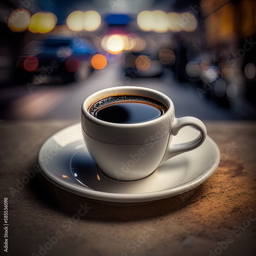 coffee cup in front of an illuminated street in the background