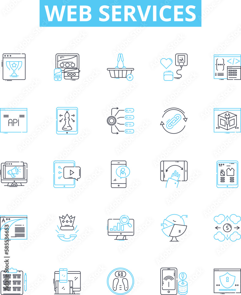 Web services vector line icons set. Web, services, API, REST, SOAP, applications, XML illustration outline concept symbols and signs Web services vector line icons set. Web, services, API, REST, SOAP, applications, XML illustration outline concept symbols and signs