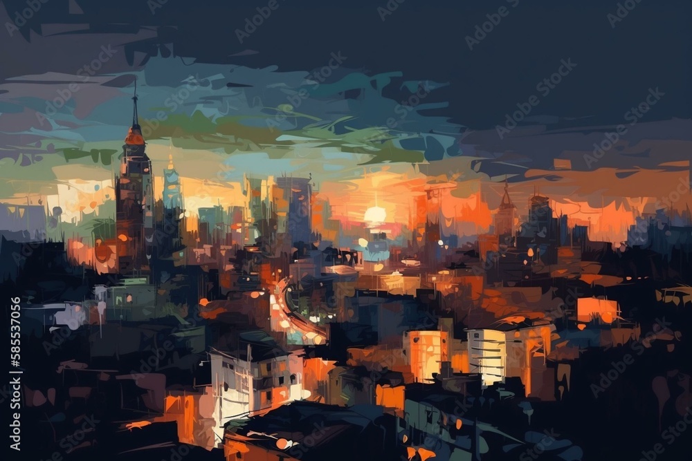 Fototapeta premium The night landscape of Bangkok city center Illustrations creates an impressionist style of painting. Generative AI
