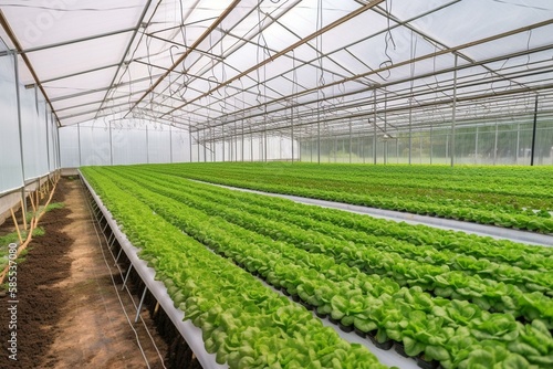 Modern technology in agriculture, lettuce greenhouse, young farmer. Generative AI