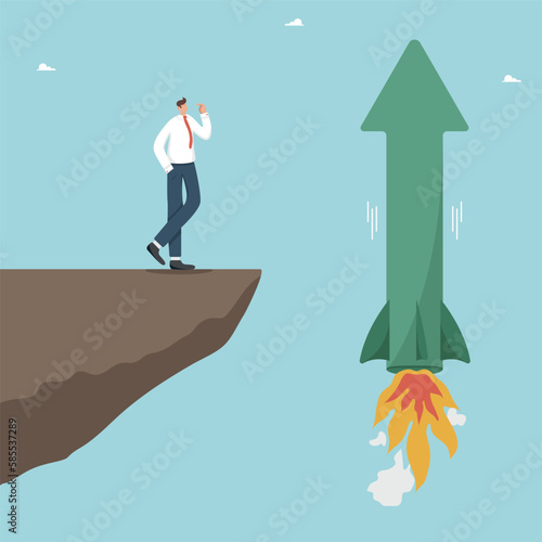 Innovative solution or invention of a product, riskiness of a new business or investment, vision of their profitability and quick payback, man stands on a rock and looks at a rocket arrow taking off.