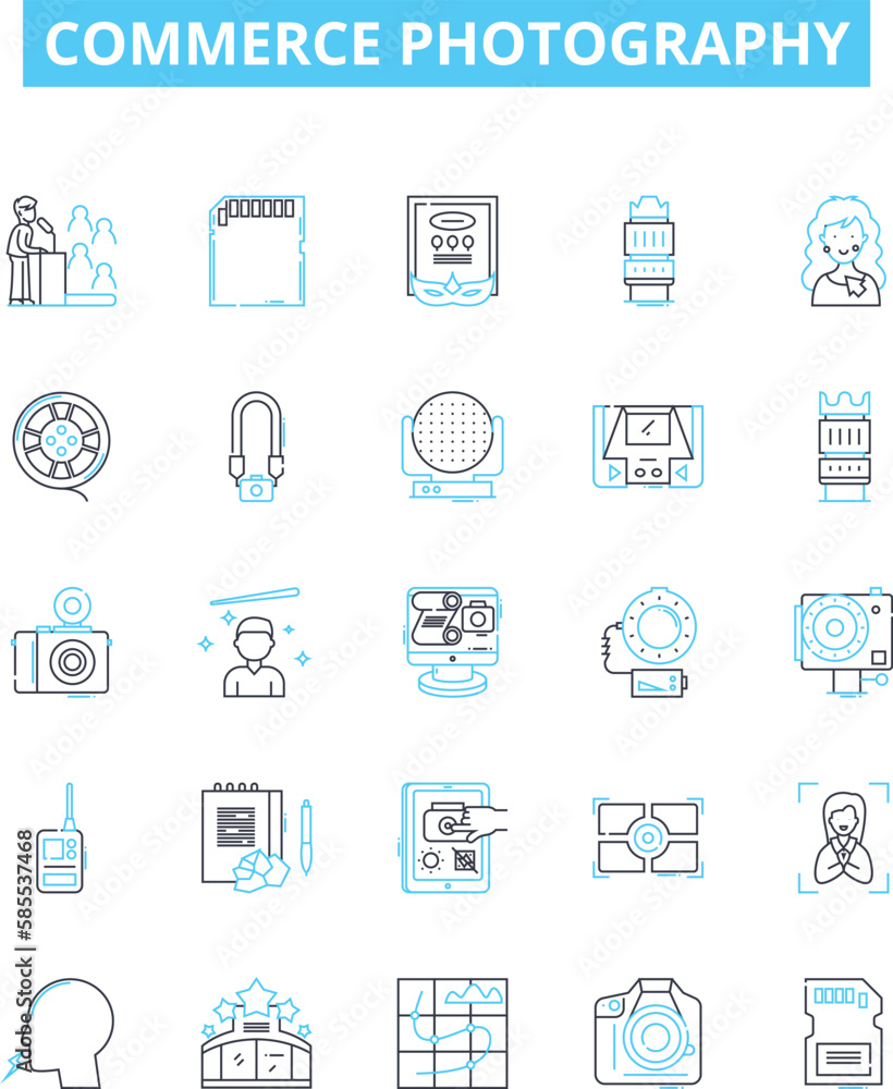 Commerce photography vector line icons set. Commerce, Photography, Portrait, Landscape, Wildlife, Nature, Still life illustration outline concept symbols and signs Commerce photography vector line icons set. Commerce, Photography, Portrait, Landscape, Wildlife, Nature, Still life illustration outline concept symbols and signs