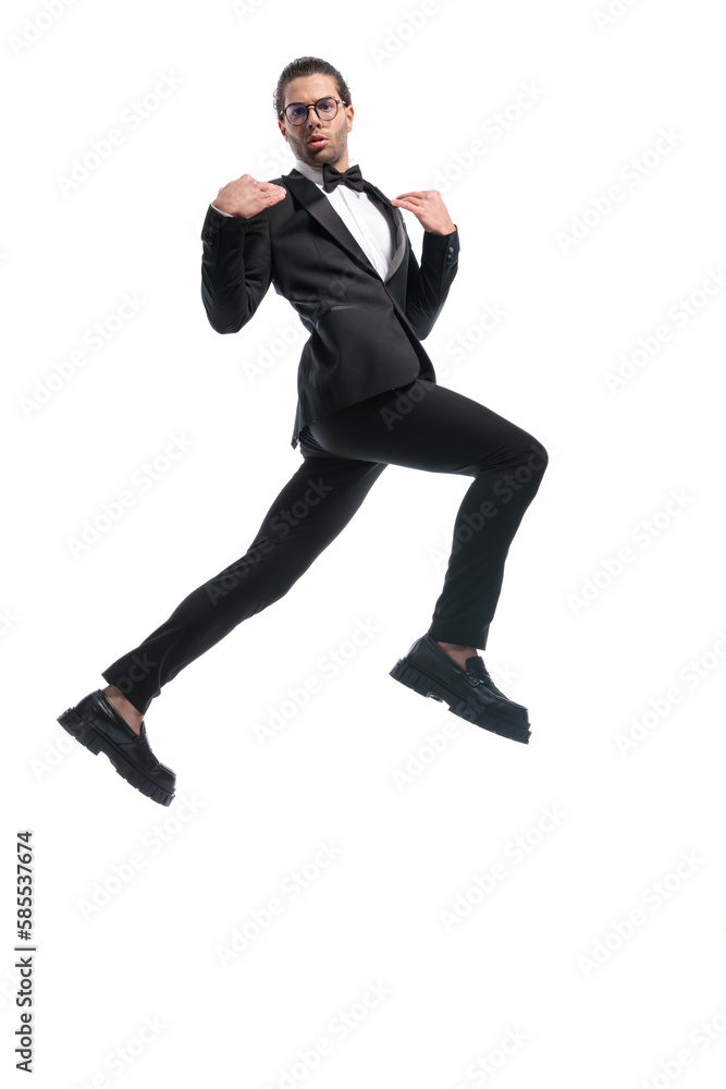 businessman jumping and pointing at himself