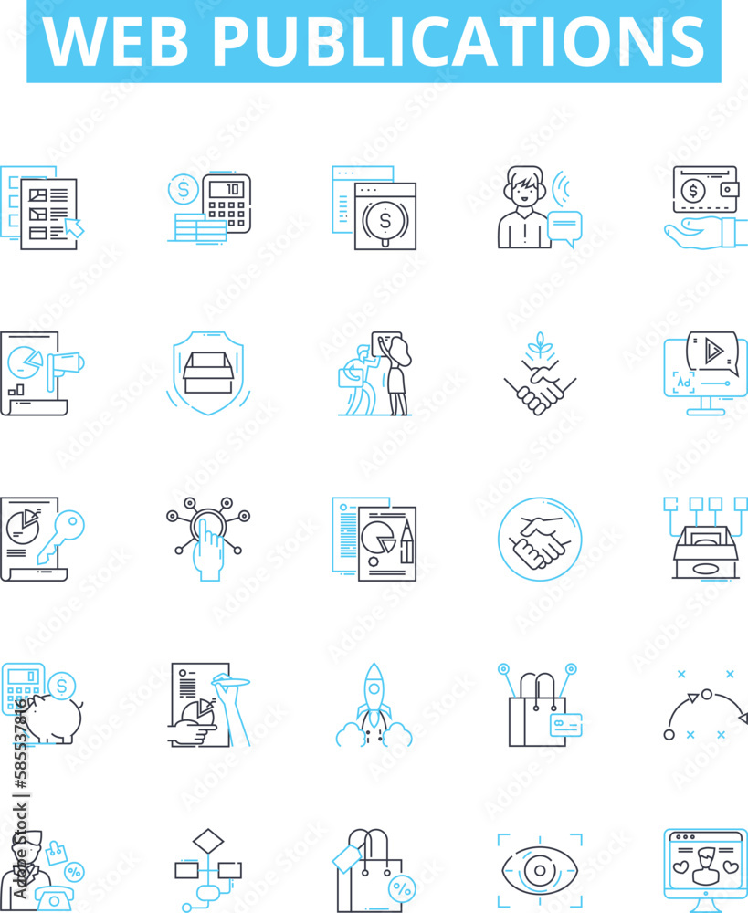 Web publications vector line icons set. Web, publications, blog, magazine, newspaper, e-books, online illustration outline concept symbols and signs Web publications vector line icons set. Web, publications, blog, magazine, newspaper, e-books, online illustration outline concept symbols and signs