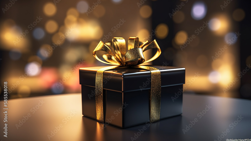 black surprise gift box with golden bow on bokeh background.Generative AI black surprise gift box with golden bow on bokeh background.Generative AI