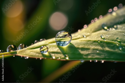 Beautiful water drops sparkle in sun on leaf in sunlight, macro. 