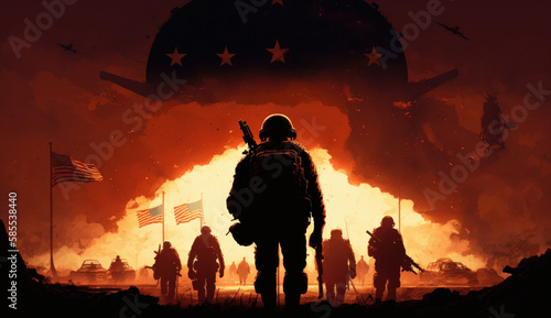 The conspiracy of the rulers of the world. Military silhouettes at war. Skull poster. Manipulation and crowd control. World War. Ecological catastrophy. Sanctions. Generative AI © Ренат Хисматулин