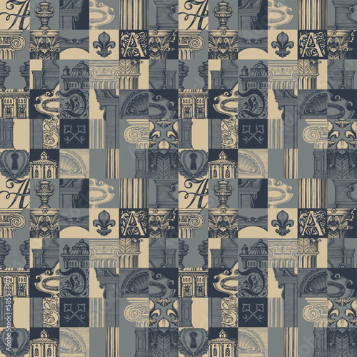 Abstract seamless pattern on theme of medieval architecture and art. Vector background with colored hand-drawn architectural fragments in vintage style. Wallpaper, wrapping paper or fabric design