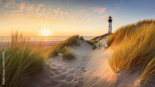 Showcasing the serene and picturesque beach scene on the island of Sylt  Germany  capturing the pristine white sand  rolling waves of the North Sea  and a majestic lighthouse 