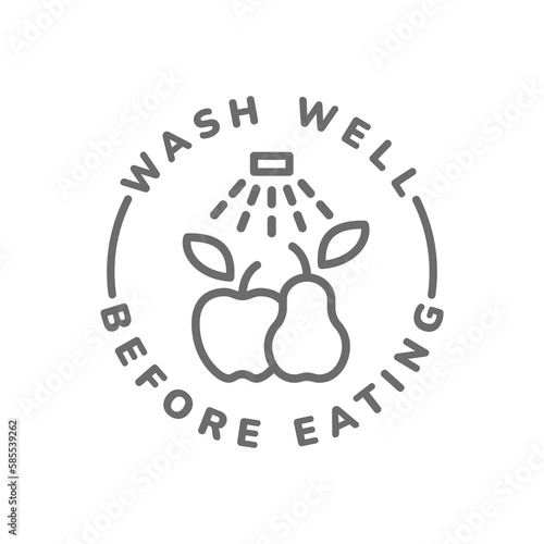 Wash well before eating vector label. Water tap and fruits line icon.