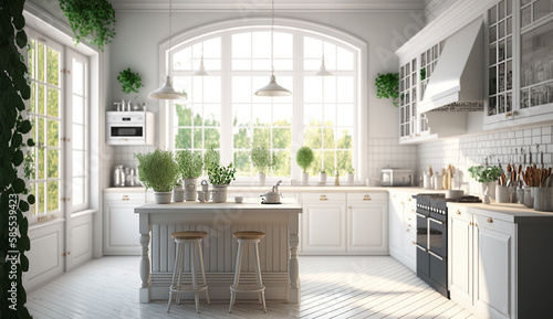 Bright, light-flooded white kitchen with cooking island and large window, 3D rendering. Generative AI.