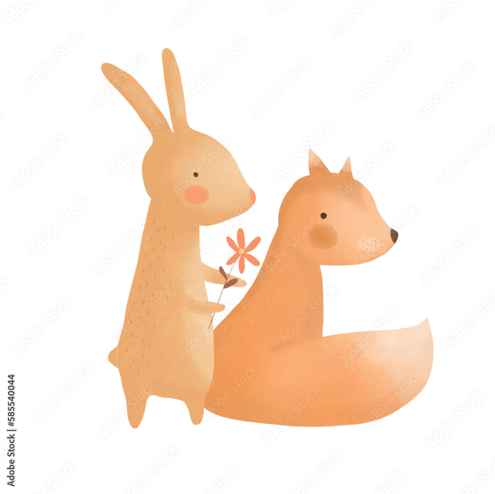 Cute Little Fox and Bunny Holding Flower. Lovely Nursery Vector Art with Sweet Brown Rabbit and Fox on a White Background. Hand Drawn Woodland Print ideal for Card, Wall Art, Poster, Greetings. Cute Little Fox and Bunny Holding Flower. Lovely Nursery Vector Art with Sweet Brown Rabbit and Fox on a White Background. Hand Drawn Woodland Print ideal for Card, Wall Art, Poster, Greetings.