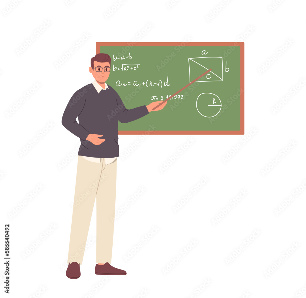 Male math teacher character standing at blackboard holding pointer and teaching mathematics lesson Male math teacher character standing at blackboard holding pointer and teaching mathematics lesson