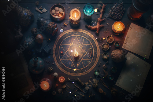 Spell books, burning candles, amulets on witch table. AI Generated