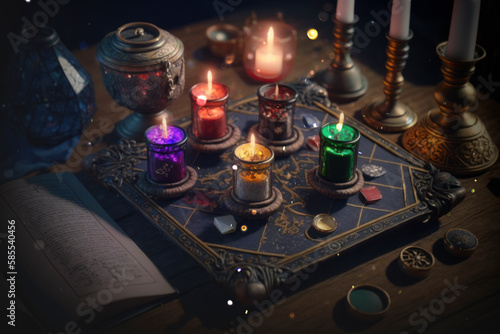 Old Book With Magic Spells, Candles And Pentagram On Witch Table. AI Generated