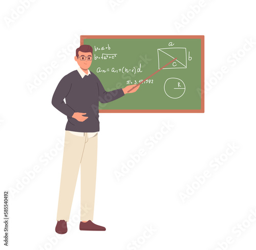Male math teacher character standing at blackboard holding pointer and teaching mathematics lesson