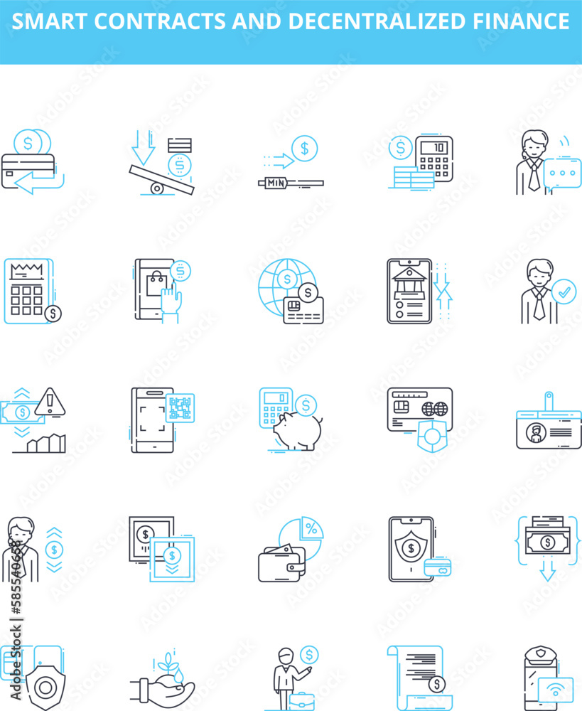 Smart contracts and decentralized finance vector line icons set. Smart, Contracts, Decentralized, Finance, Blockchain, Automation, Security illustration outline concept symbols and signs