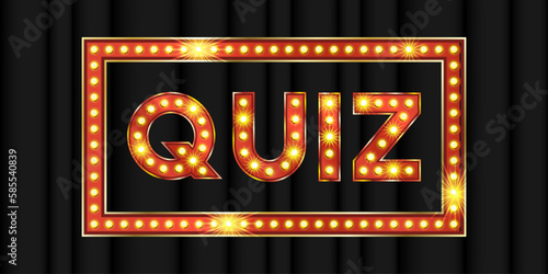 3d red quiz game text for contest show. Golden title typeface for trivia banner template. Marquee light effect typo creative element. Retro alphabet for night knowledge competition in vegas showtime