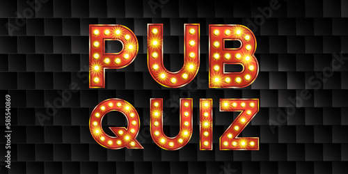 Pub quiz night game with bulb light and tile background. Text bar poster font for brain contest or challenge. Red and gold broadway typography for carnival design. Golden typeface with marquee glow photo