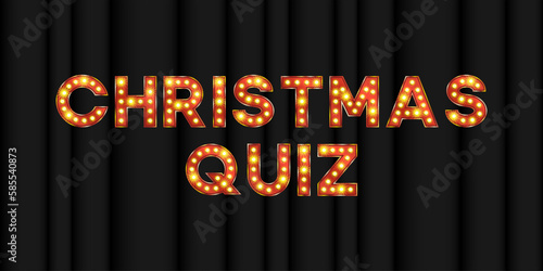 Christmas quiz holiday background. New Year party trivia banner vector. Question competition in pub. Red golden typography banner on black curtain. Retro creative broadway night contest illustration