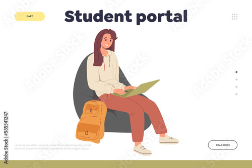 Happy female student reading book online resting having break time landing page for student portal