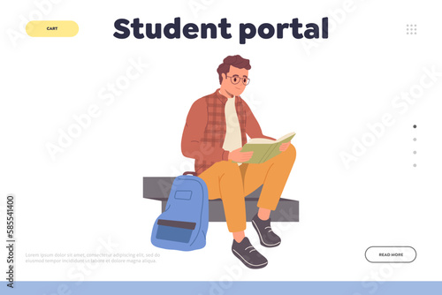 Student portal landing page template with male pupil reading book while sitting on bench