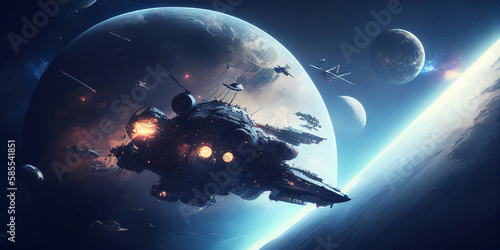 Fototapeta Widescreen realistic illustration of a fantasy combat space cruiser