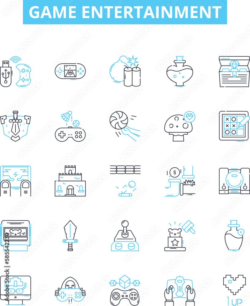Game entertainment vector line icons set. Gaming, Entertainment, Computer, Video, Console, Online, Adventure illustration outline concept symbols and signs Game entertainment vector line icons set. Gaming, Entertainment, Computer, Video, Console, Online, Adventure illustration outline concept symbols and signs