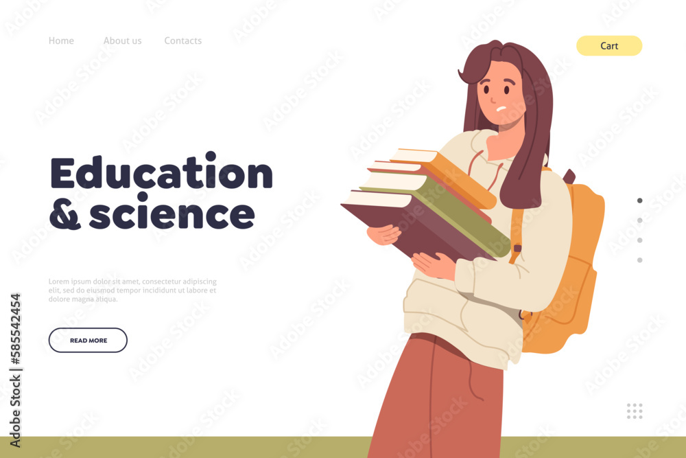 Confused young female student character carrying pile of heavy books landing page template Confused young female student character carrying pile of heavy books landing page template