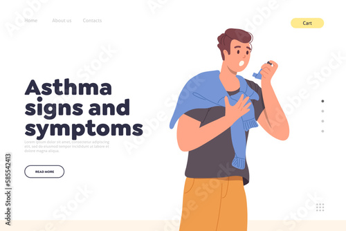 Medical online service landing page with asthma signs and symptoms, young man suffering from attack