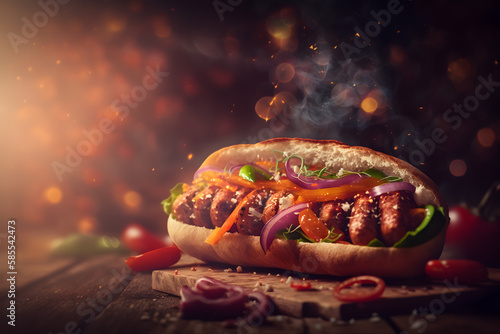 Hot dog with mustard and ketchup on a dark background with smoke. Generative AI technology.
