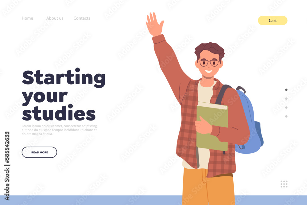 Starting your study landing page design template for online service with happy smiling young student Starting your study landing page design template for online service with happy smiling young student