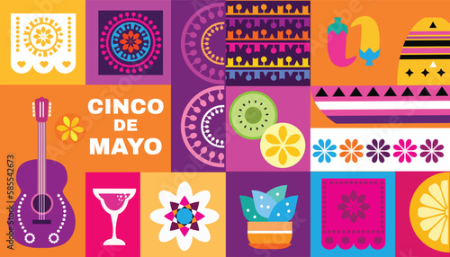 Happy Cinco de mayo festive temolate poster with sombrero, pepper, guitar, firework  Translation from spanish - Cinco de Mayo - May 5 federal holiday in Mexico.Vector modern illustration 