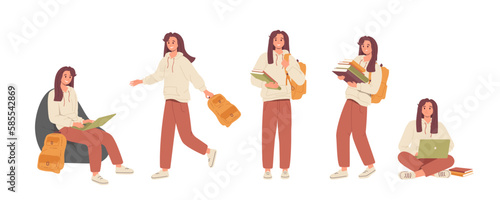 Set of modern female student with bags, books and laptop studying in college or university